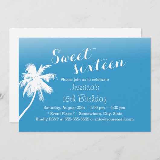 Invitation Plage tropicale Palm Tree Sweet 16 (Devant / Derrière)