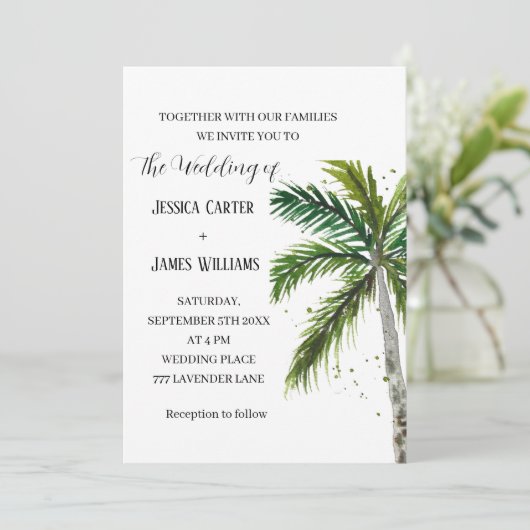 Invitation Plage tropicale Palm Trees Mariage aquarelle (Debout devant)