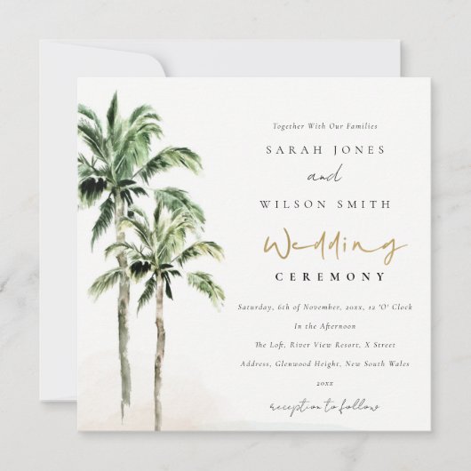 Invitation Plage tropicale Palm Trees Mariage aquarelle (Devant)