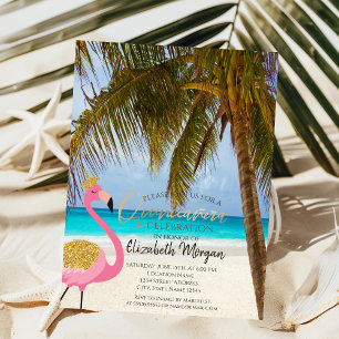 Invitation Plage tropicale, Palmier, Flamingo Quinceañera