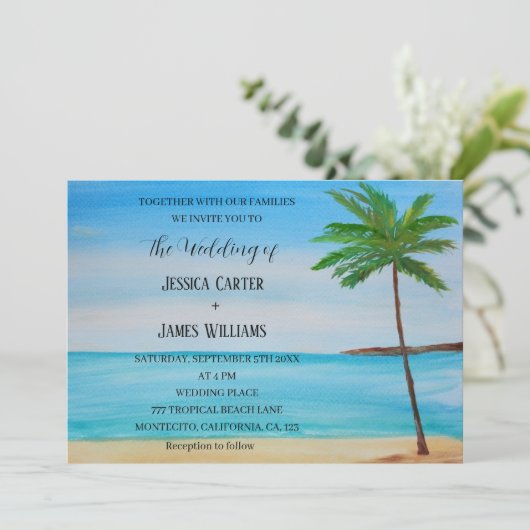 Invitation Plage tropicale Palmiers Destination Mariage (Debout devant)