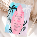 Invitation Plage tropicale planches de surf palmier Sweet 16<br><div class="desc">Une invitation à l'anniversaire de sweet sixteen à thème de la plage tropicale avec une planche de surf rose cool avec palmier tropical modifiable,  feuilles de palmiers,  sur un lavage à l'eau violet bleu,  ajoutez votre photo à l'arrière. Parfait pour la fête 16 sucré d'été.</div>