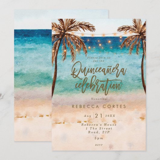 Invitation plage tropicale Quinceanera 15e anniversaire (Devant / Derrière)