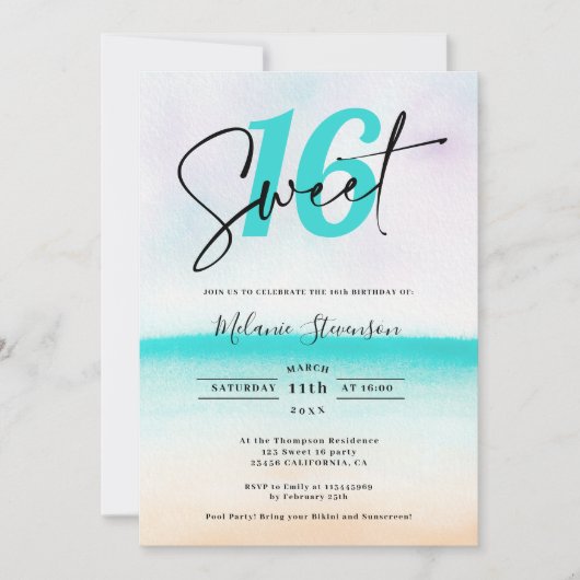 Invitation Plage tropicale turquoise sombre script doux 16 (Devant)