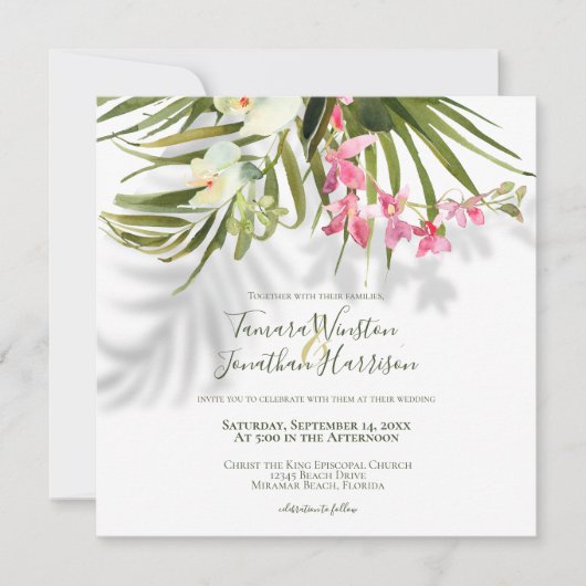 Invitation Plage tropicale Verdure rose Mariage floral (Devant)