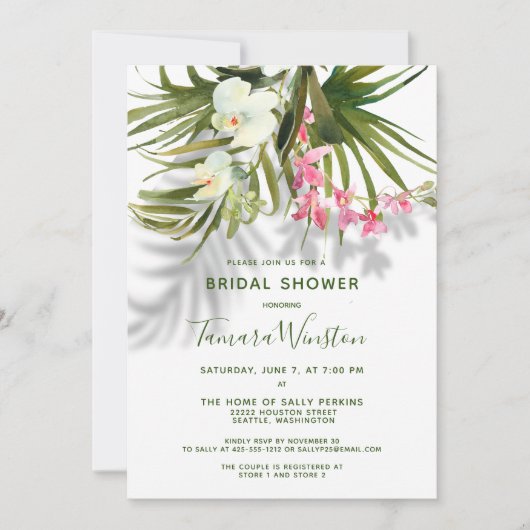 Invitation Plage Tropicale Vert Ombre Rose Floral Douche (Devant)