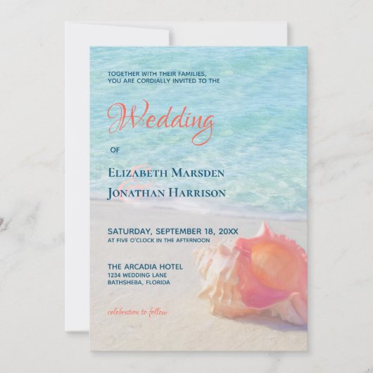 Invitation Plage Turquoise & Coral Conch Coque Destination Ma (Devant)