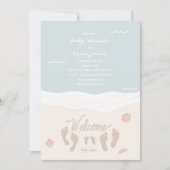 Invitation Plage Vagues Empreintes Baby shower fille rose (Devant)