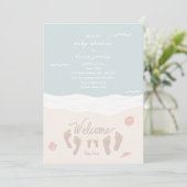 Invitation Plage Vagues Empreintes Baby shower fille rose (Debout devant)