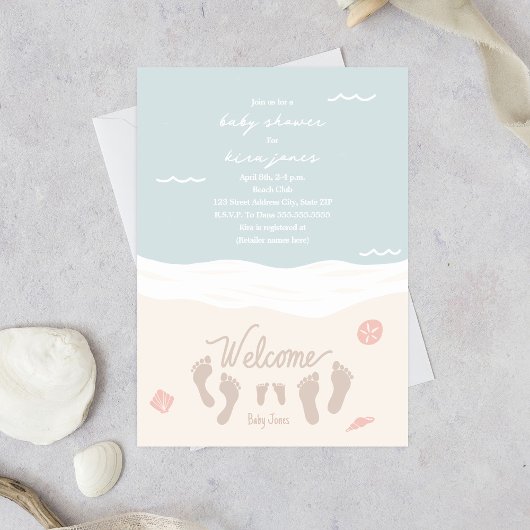 Invitation Plage Vagues Empreintes Baby shower fille rose