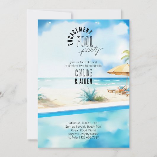 Invitation Plage Watercolor du fiançailles Pool (Devant)