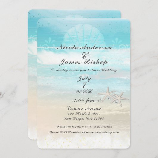 Invitation Plage White Starfish Élégant Mariage d'été (Devant / Derrière)