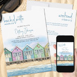 Invitation Plages Bachelorette Week-end Itinéraire<br><div class="desc">Beach Bachelorette Week-end Invitation avec Itinéraire. Aquarelle avec rangée de cabanes de plage en bois peint et colorées sur le sable doré du bord de mer, avec vue sur la mer et ciel bleu d'été. Le modèle est mis en place pour que vous puissiez ajouter les détails du week-end et...</div>