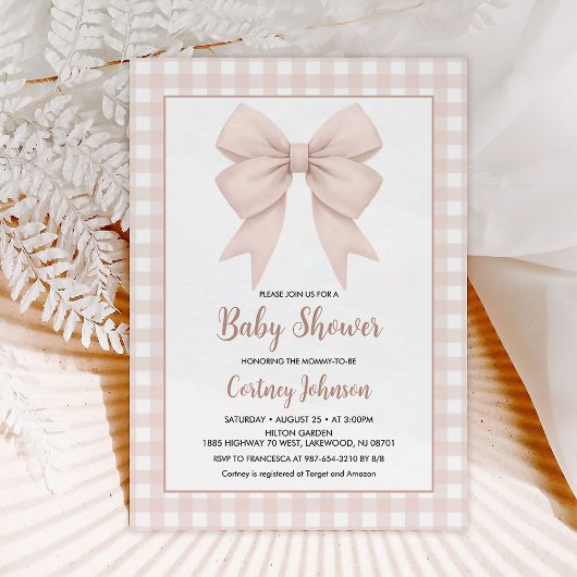 Invitation Plaid Beige Et Baby shower Bow Beige
