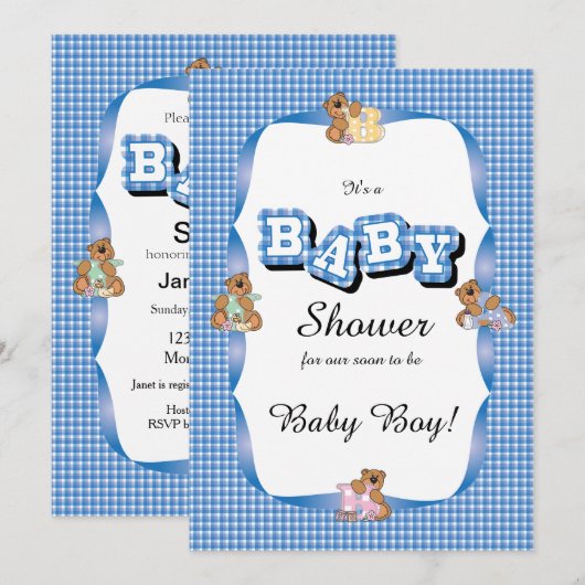 Invitation Plaid Bleu aux ours| Baby shower (Devant / Derrière)