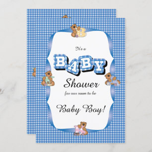 Invitation Plaid Bleu aux ours  Baby shower