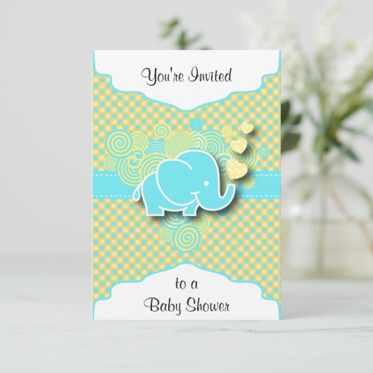 Invitation Plaid bleu et jaune avec éléphant bébé (Debout devant)