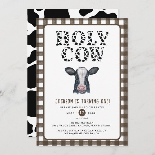 Invitation Plaid Boy Holy Cow First Birday (Devant / Derrière)