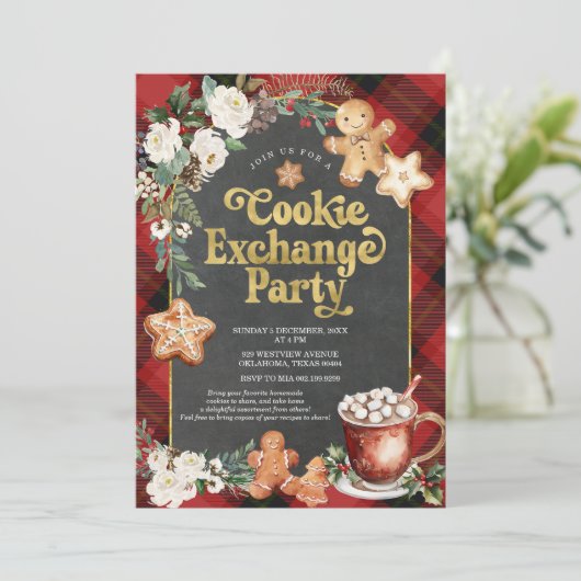 Invitation Plaid Floral Christmas Cookie Exchange Party (Debout devant)