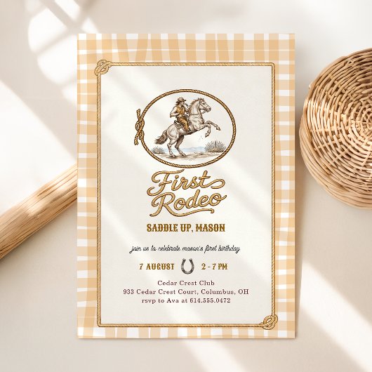 Invitation Plaid Gingham Cowboy First Rodeo 1st Birthday
