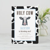 Invitation Plaid Holy Cow I'm One Boy Birthday (Debout devant)