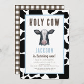 Invitation Plaid Holy Cow I'm One Boy Birthday (Devant / Derrière)