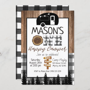 Invitation Plaid noir et blanc One Happy Camper Boy Camping