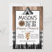 Invitation Plaid noir et blanc One Happy Camper Boy Camping (Devant)