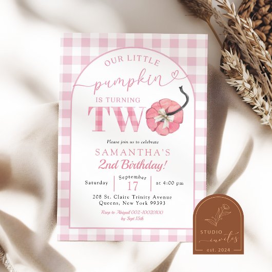Invitation Plaid Pink Preppy Citrouille 2e anniversaire