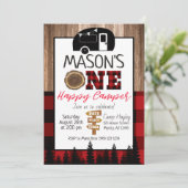 Invitation Plaid rouge et noir One Happy Camper Boys Camping (Debout devant)