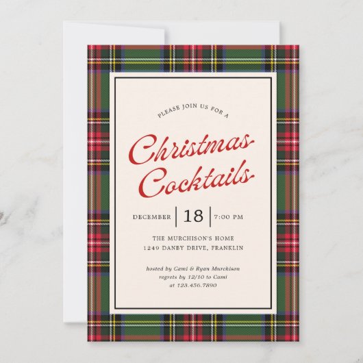 Invitation Plaid Script Cocktails de Noël Fête de Vacances (Devant)