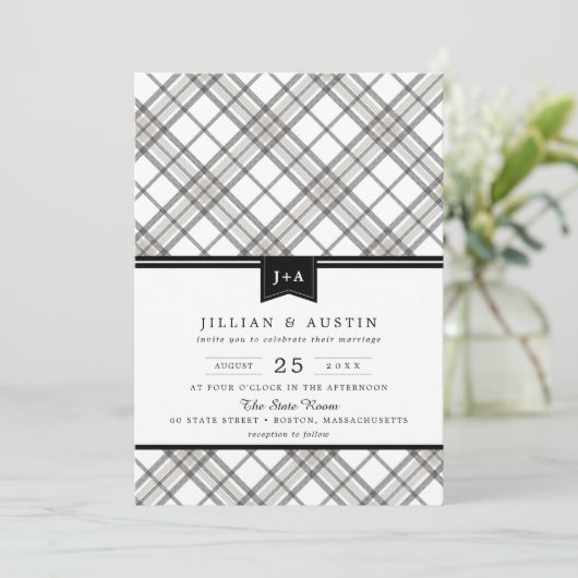 Invitation Plaid simple moderne avec Mariage Monogramme de ru (Debout devant)