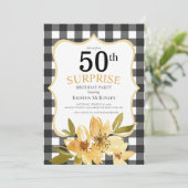 Invitation Plaid Surprise 50e Anniversaire Floral Jaune Noir (Debout devant)