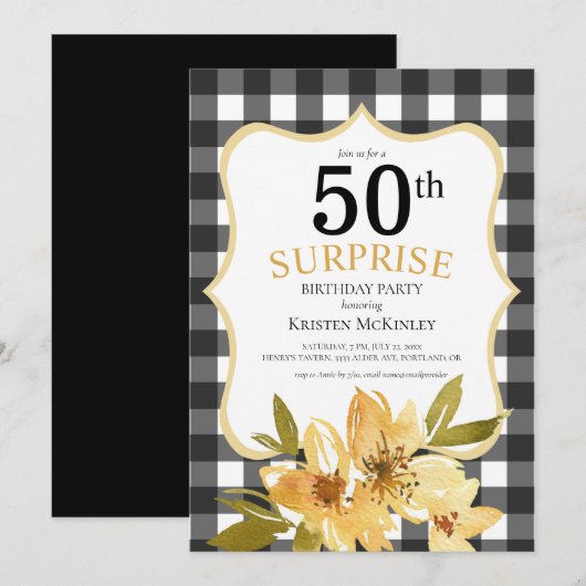 Invitation Plaid Surprise 50e Anniversaire Floral Jaune Noir (Devant / Derrière)