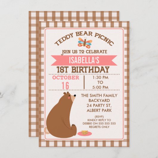 Invitation Plaid Teddy Bear Pique-nique 1er anniversaire Invi (Devant / Derrière)