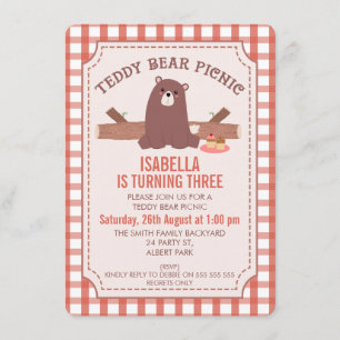 Invitation Plaid Teddy Bear Pique-nique Anniversaire Invitati