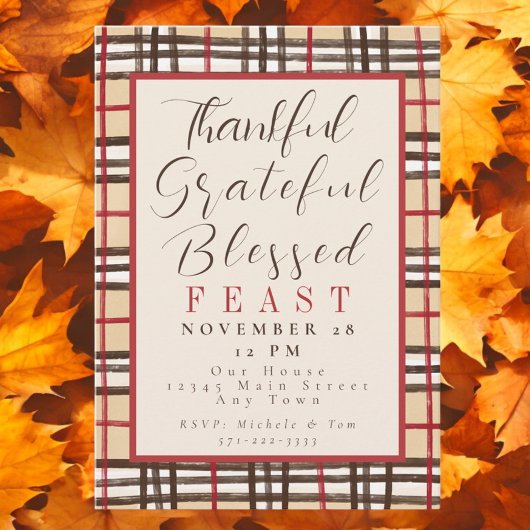 Invitation Plaid Thankful Greatful Blessed Thanksgiving Feast