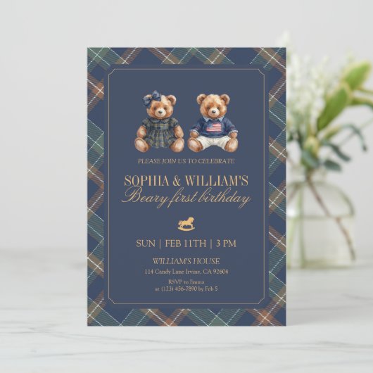 Invitation Plaid Twins Teddy Navy Tartan Bear 1st Birthday (Debout devant)
