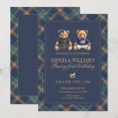 Invitation Plaid Twins Teddy Navy Tartan Bear 1st Birthday (Devant / Derrière)