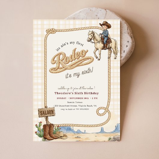 Invitation Plaid Western Desert Cowboy Rodeo 6th Birthday