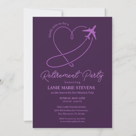 Invitation Plain Purple Heart Plain Retirement Party (Devant)