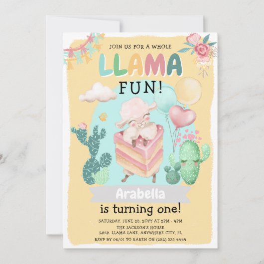 Invitation Plaisanterie Llama ! Filles 1er anniversaire (Devant)