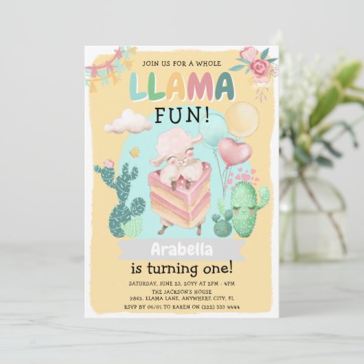 Invitation Plaisanterie Llama ! Filles 1er anniversaire (Debout devant)