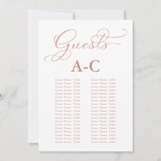 Invitation Plan de table alphabétique pour mariage Rose Gold (Devant)