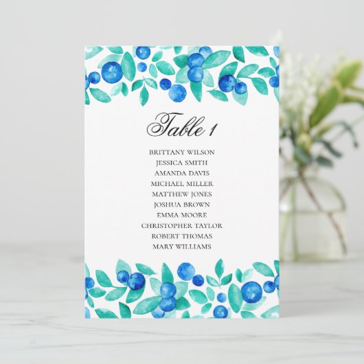 Invitation Plan de table aux bleuets. Mariage bleu et menthe (Debout devant)