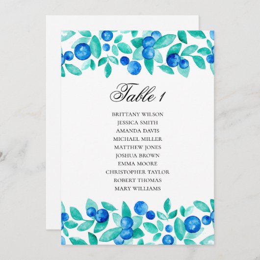 Invitation Plan de table aux bleuets. Mariage bleu et menthe (Devant / Derrière)