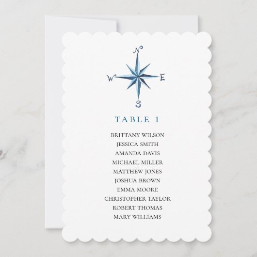 Invitation Plan de table avec boussole bleue. Plan de mariage (Devant)