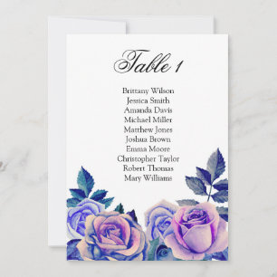 Invitation Plan de table avec des roses bleues et violettes.