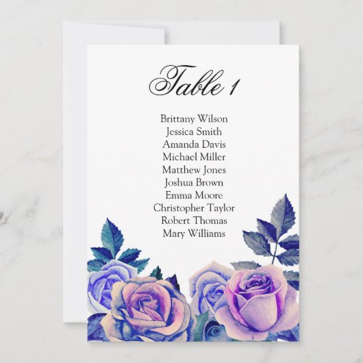 Invitation Plan de table avec des roses bleues et violettes. (Devant)