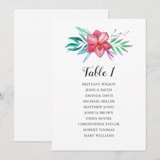 Invitation Plan de table de mariage à fleurs tropicales. Plan (Devant / Derrière)